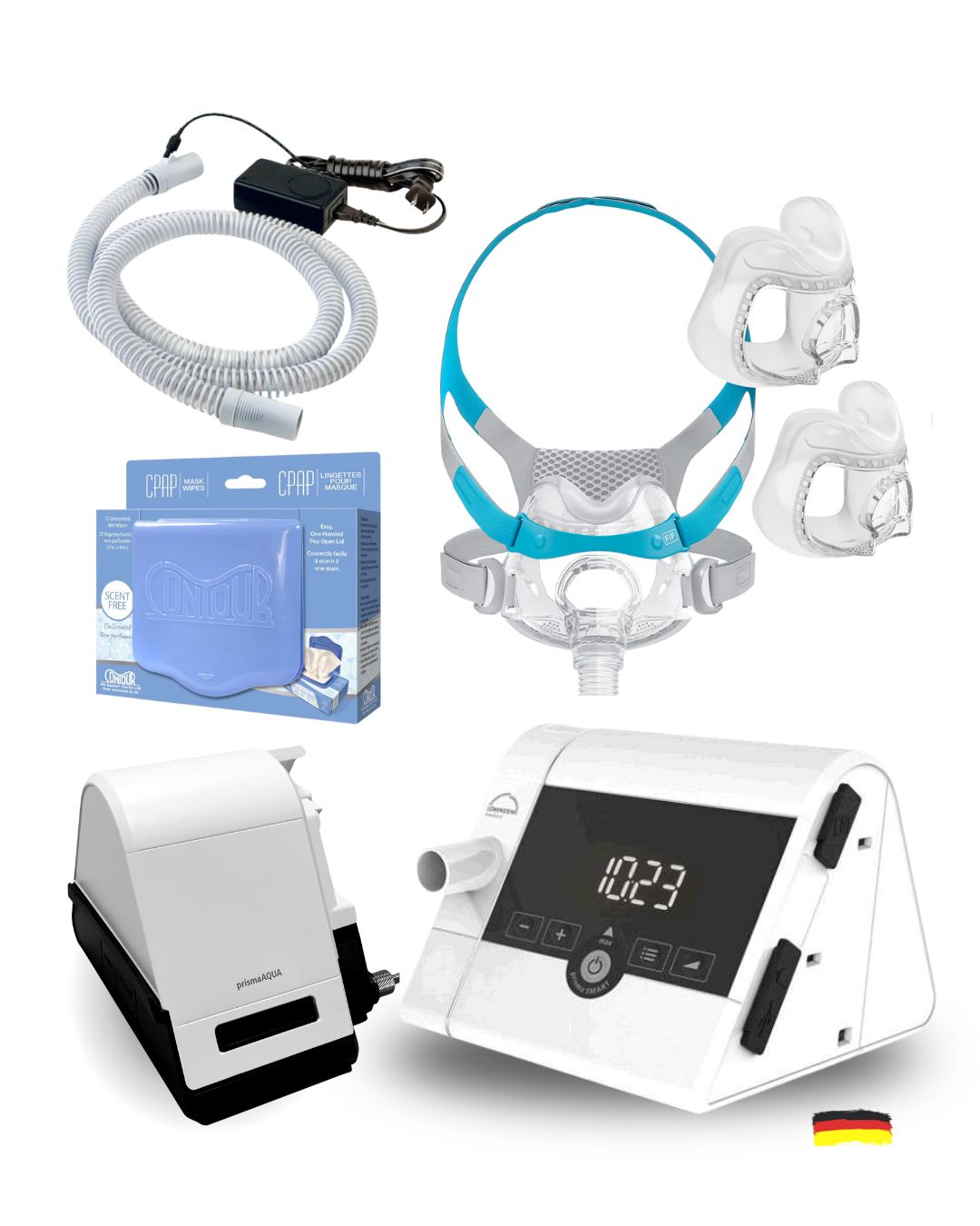 Lowenstein Prisma CPAP Bundle (F&P EVORA Full Face Fit Pack | Unscented Mask Wipes | Heated Tubing | 12 Pollen Filters)
